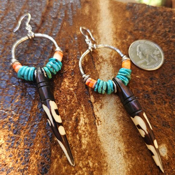 Turquoise Kenya Bone Spiny Oyster Sterling Artisan Teardrop Earrings - Picture 5 of 9